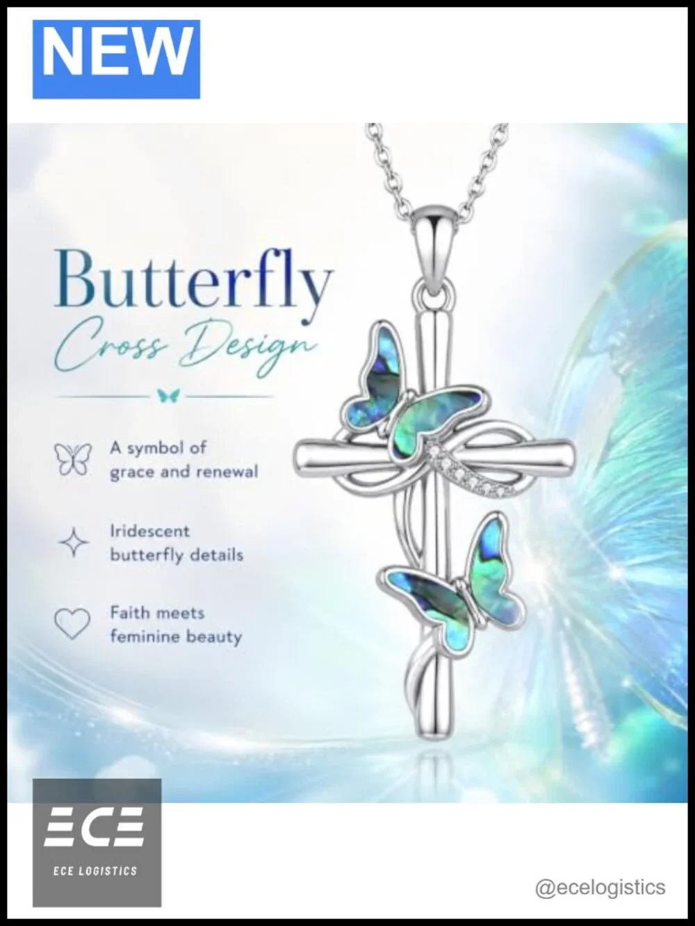 Abalone Butterfly Cross Pendant Necklace 20